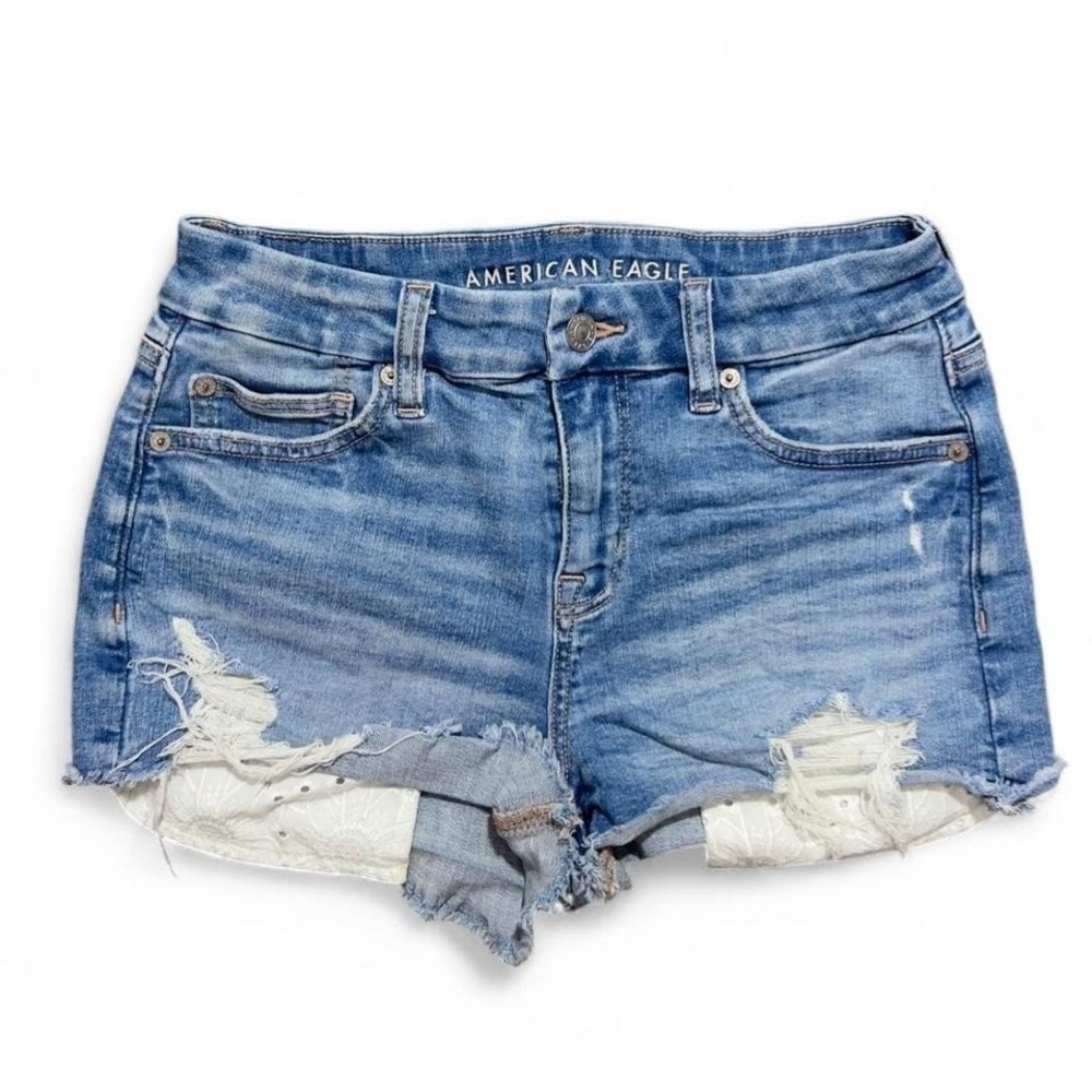 American Eagle Denim Shorts Size 4 High Rise Shorty Floral Pockets Preppy
